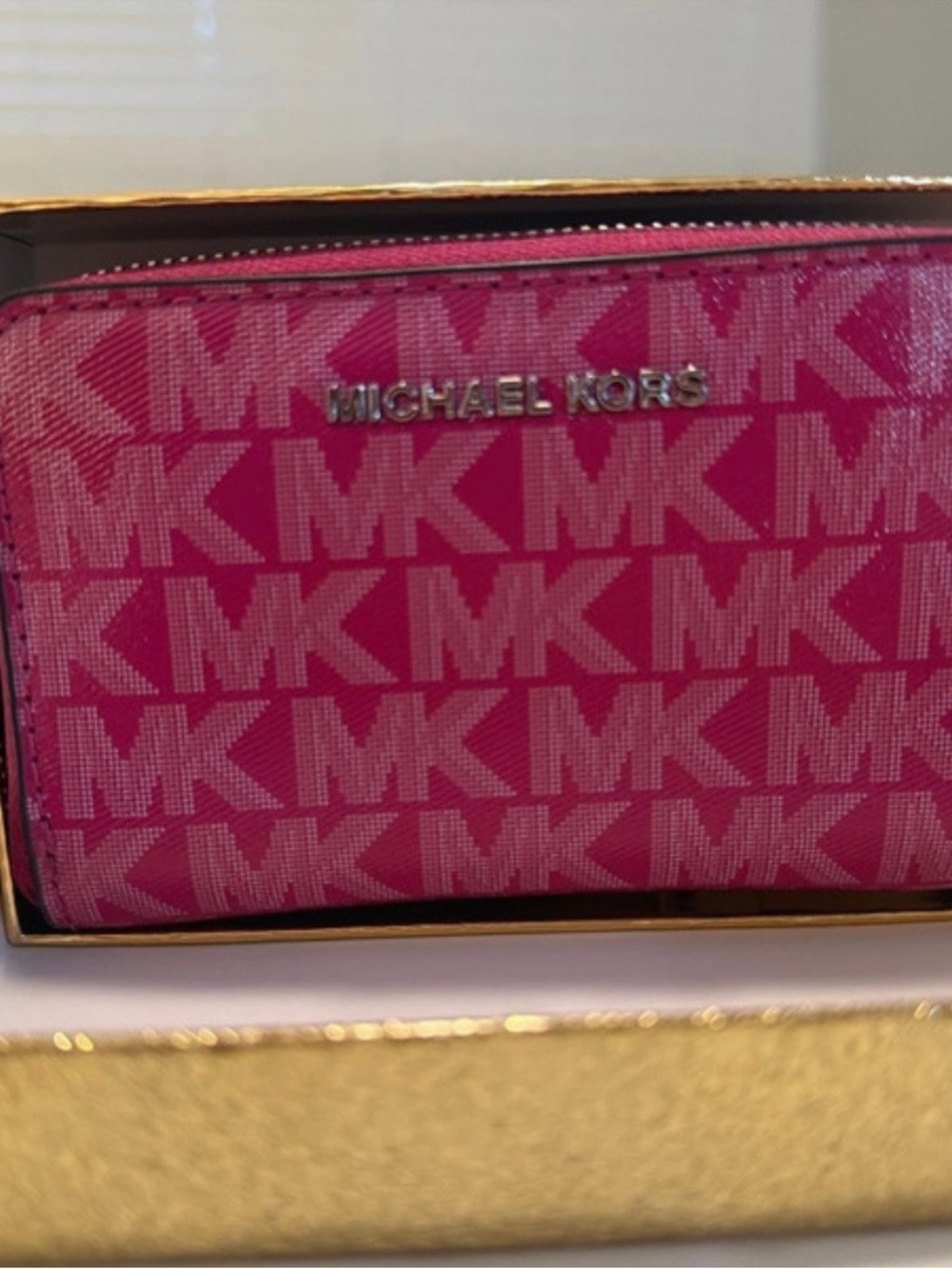 Michael Kors Hot Pink MK Logo Zip Card Holder